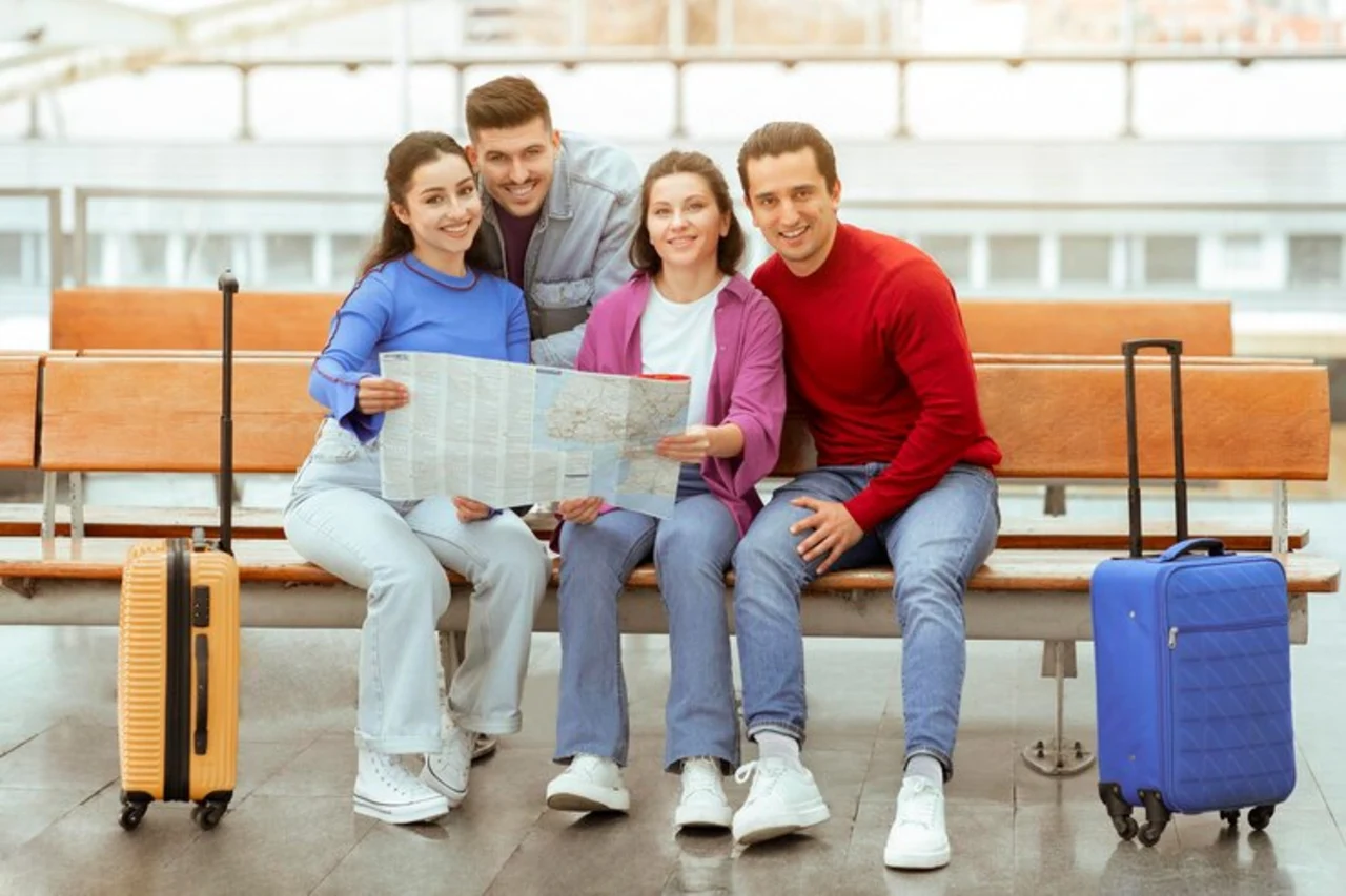 two couples holding map choosing travel destination sitting airport 116547 54039 convert.io